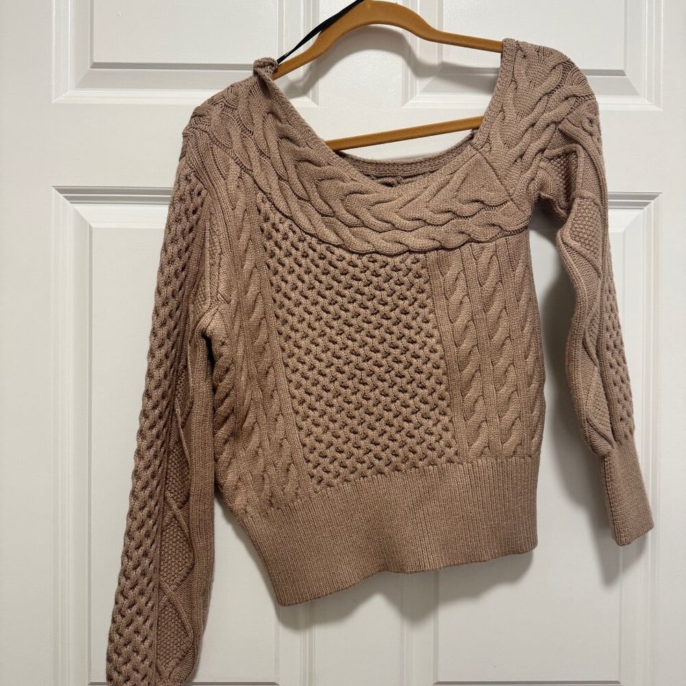 Forever 21 Off-the-Shoulder Chunky Cable Knit Sweater – Tan – Small